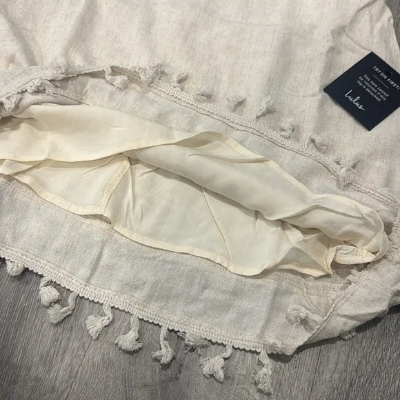 Chic Beige Cream Linen Pom Pom Women’s Midi Dress Lulu’s Boho Large - Picture 12 of 16